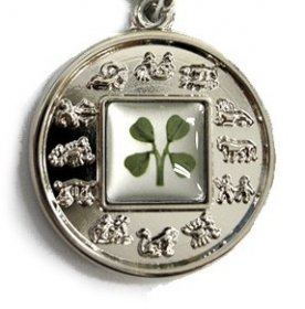 White Gold Plated Western Zodiac Lucky Clover Coin